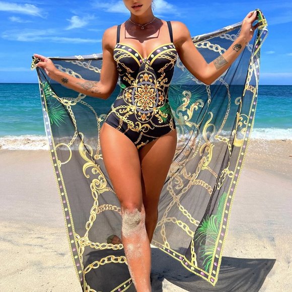 Multicolor Preppy Womens Chain Print Push Up One Piece Swimsuit With Beach Skirt - Picture 2 of 5